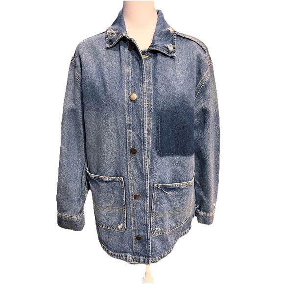 Zara Denim Jacket Patchwork Vintage Oversized Button Front Pockets Men Sz S Y2K - Picture 6 of 9